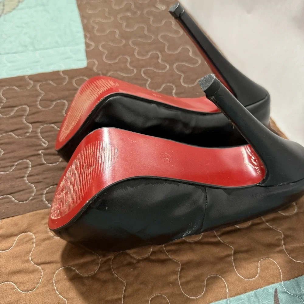 Black Leather Peep Toe Heels Red Accent Insole Platform Pumps Stiletto Shoes 37
